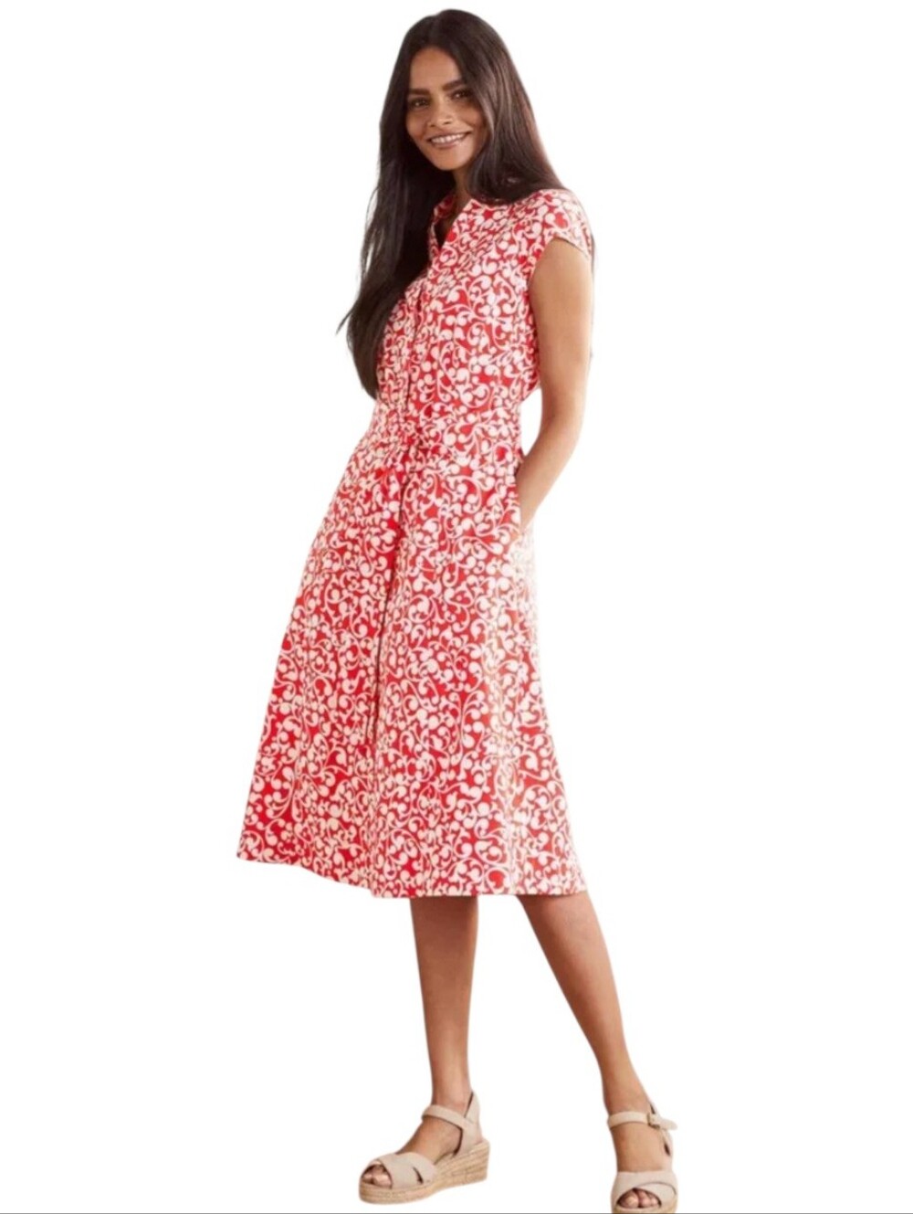 Boden Midi Shirt Dress Size 6 Coral White Full Front Hidden Buttons Pockets